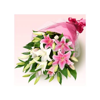 send pink and white oriental lily bouquet to japan